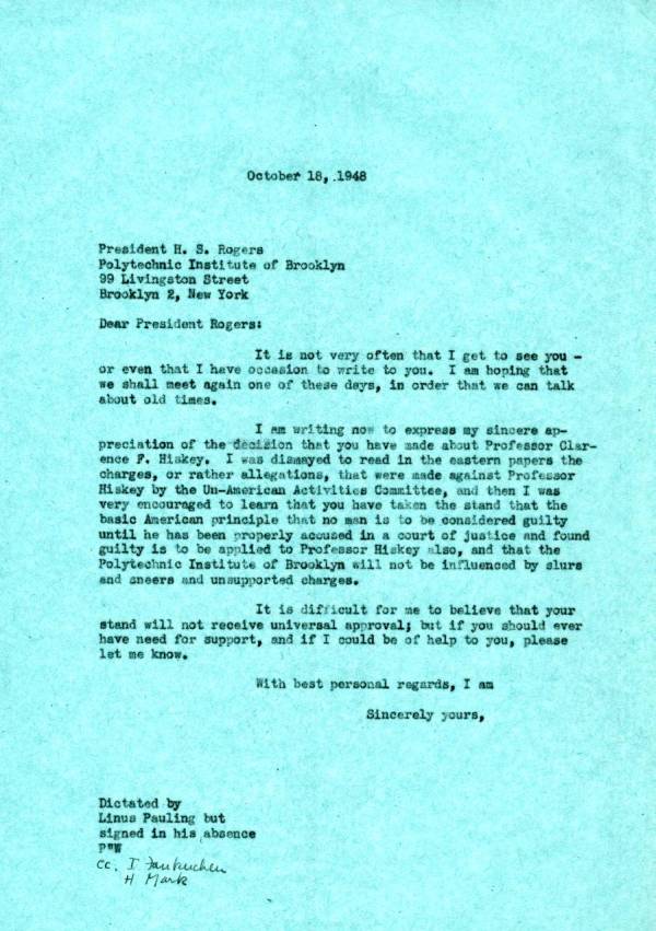 Letter from Linus Pauling to Harry S. Rogers. Page 1. October 18, 1948