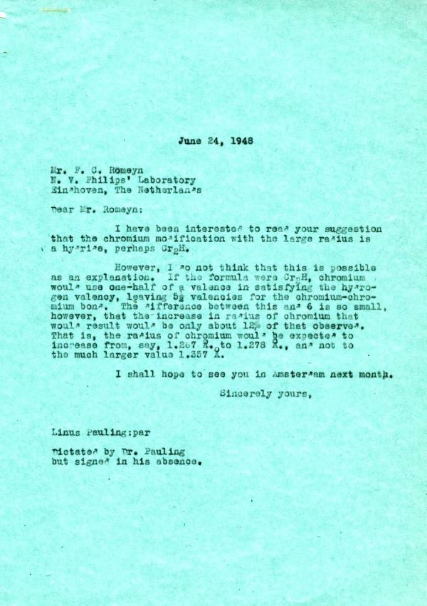 Letter from Linus Pauling to F.C. Romeyn. Page 1. June 24, 1948