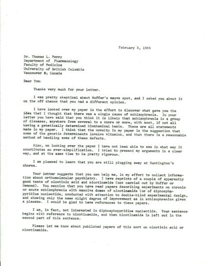 Letter from Linus Pauling to Thomas L. Perry. Page 1. February 3, 1969