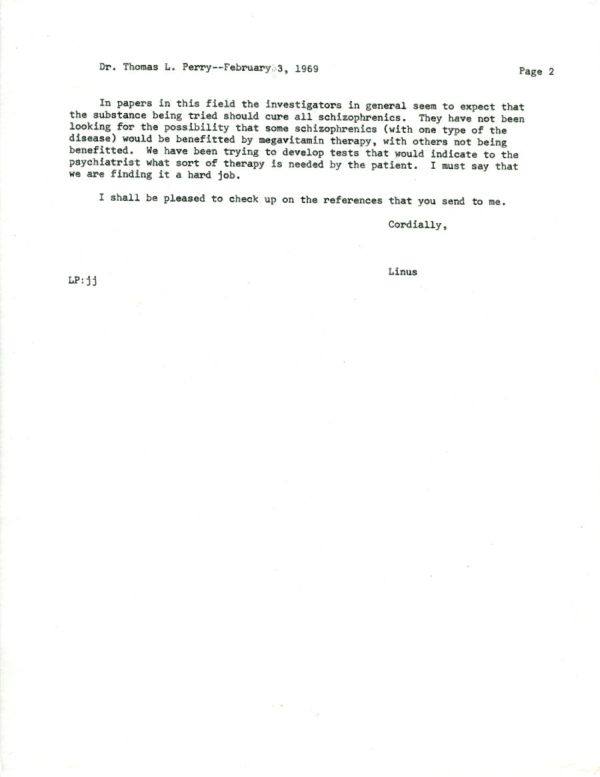 Letter from Linus Pauling to Thomas L. Perry. Page 2. February 3, 1969
