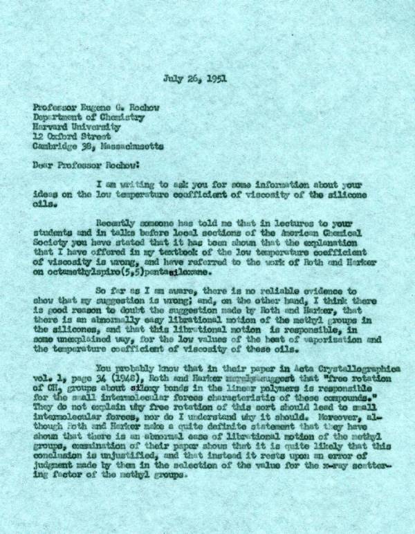 Letter from Linus Pauling to Eugene Rochow. Page 1. July 26, 1951
