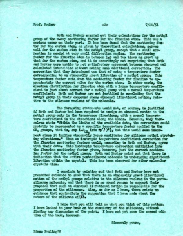 Letter from Linus Pauling to Eugene Rochow. Page 2. July 26, 1951