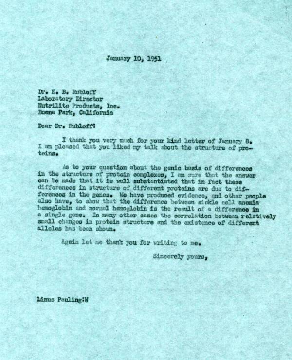 Letter from Linus Pauling to E.B. Rubloff. Page 1. January 10, 1951
