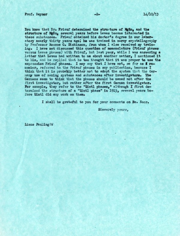 Letter from Linus Pauling to G.V. Raynor. Page 2. October 14, 1953
