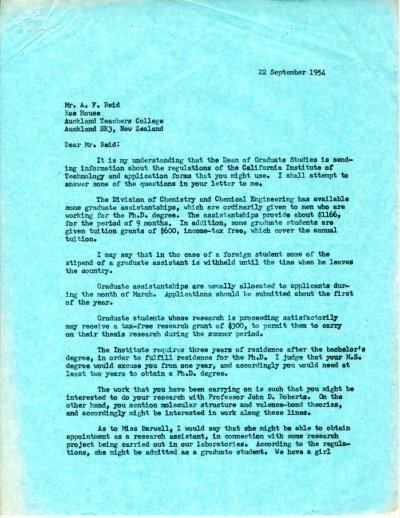 Letter from Linus Pauling to A.F. Reid Page 1. September 22, 1954
