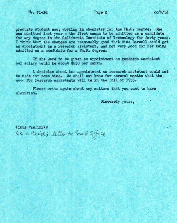 Letter from Linus Pauling to A.F. Reid Page 2. September 22, 1954
