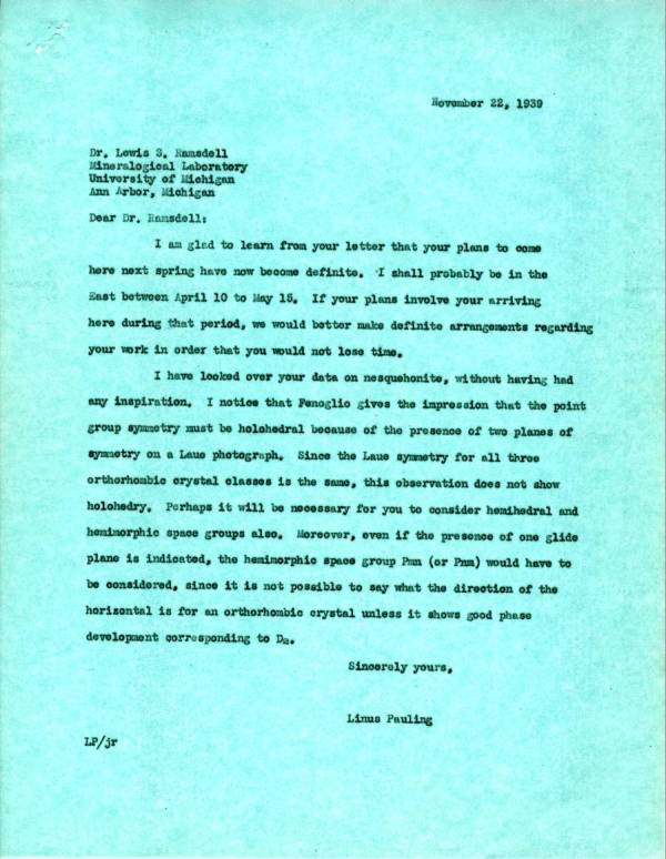 Letter from Linus Pauling to Lewis S. Ramsdell. Page 1. November 22, 1939