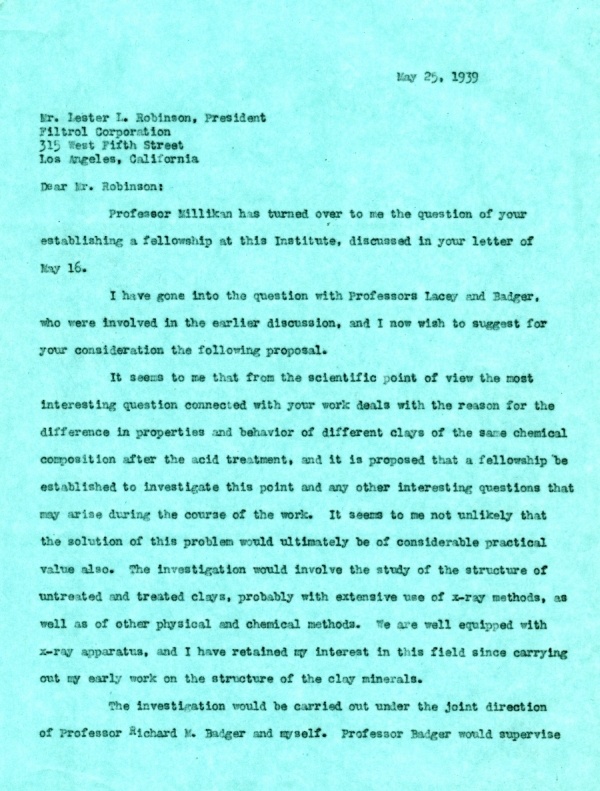 Letter from Linus Pauling to Lester L. Robinson. Page 1. May 25, 1939