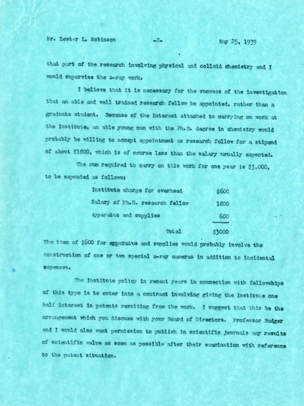 Letter from Linus Pauling to Lester L. Robinson. Page 2. May 25, 1939