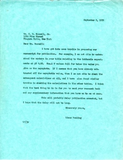 Letter from Linus Pauling to Charles D. Russell Page 1. September 5, 1939