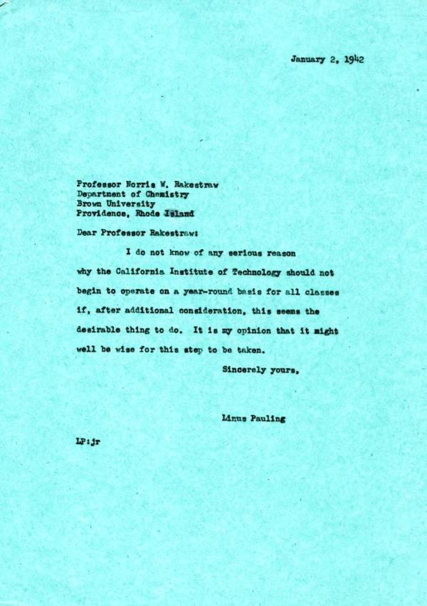 Letter from Linus Pauling to Norris W. Rakestraw. Page 1. January 2, 1942