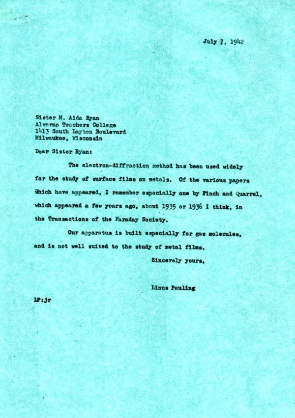 Letter from Linus Pauling to Sister M. Aida Ryan. Page 1. July 7, 1942