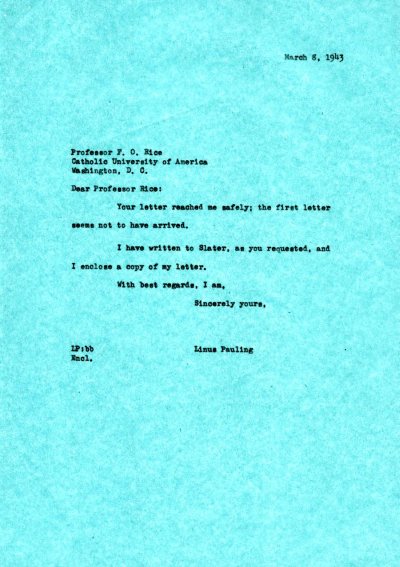 Letter from Linus Pauling to F.O. Rice. Page 1. March 8, 1943