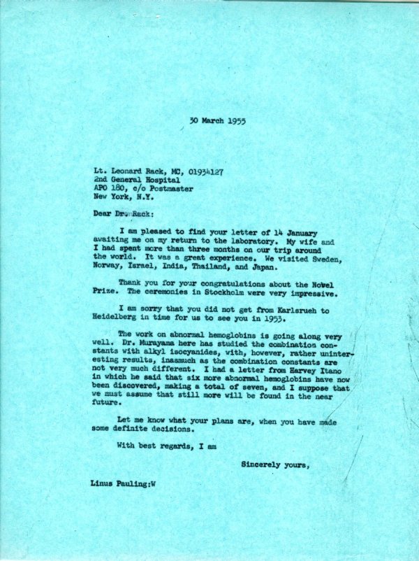 Letter from Linus Pauling to Leonard Rack. Page 1. March 30, 1955