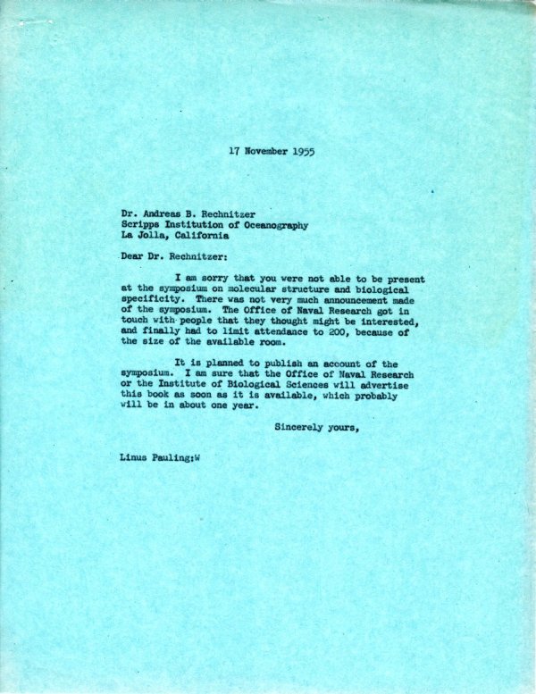 Letter from Linus Pauling to Andreas B. Rechnitzer. Page 1. November 17, 1955