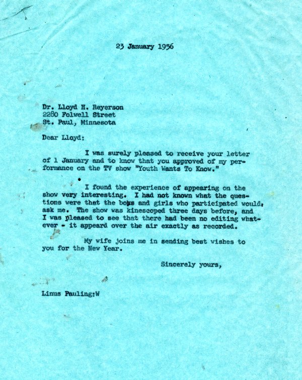Letter from Linus Pauling to Lloyd H. Reyerson. Page 1. January 23, 1956