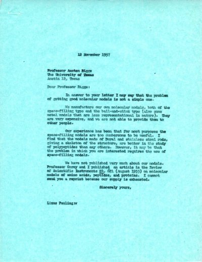 Letter from Linus Pauling to Austen Riggs. Page 1. November 12, 1957