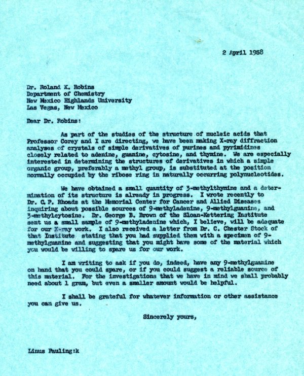 Letter from Linus Pauling to Roland K. Robins. Page 1. April 2, 1958