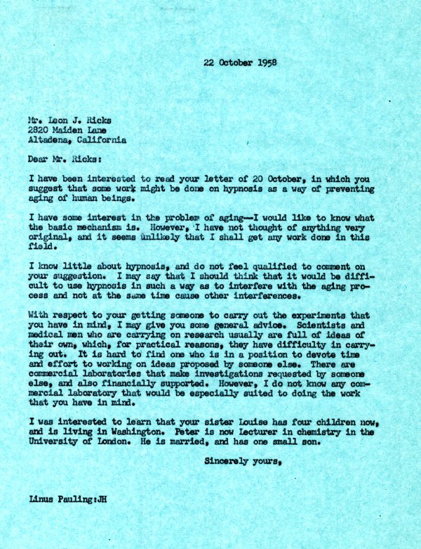 Letter from Linus Pauling to Leon J. Ricks. Page 1. October 22, 1958