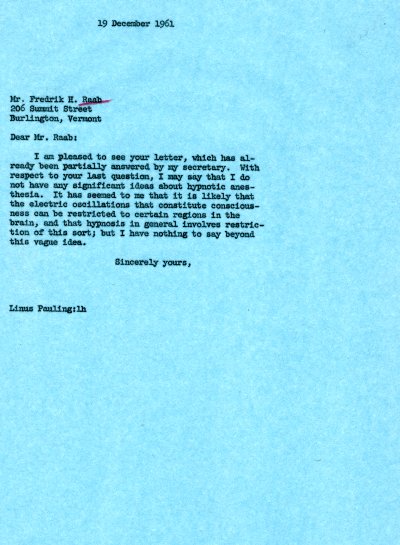 Letter from Linus Pauling to Fredrik H. Raab. Page 1. December 19, 1961