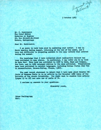 Letter from Linus Pauling to P. Rentchnick. Page 1. October 3, 1963