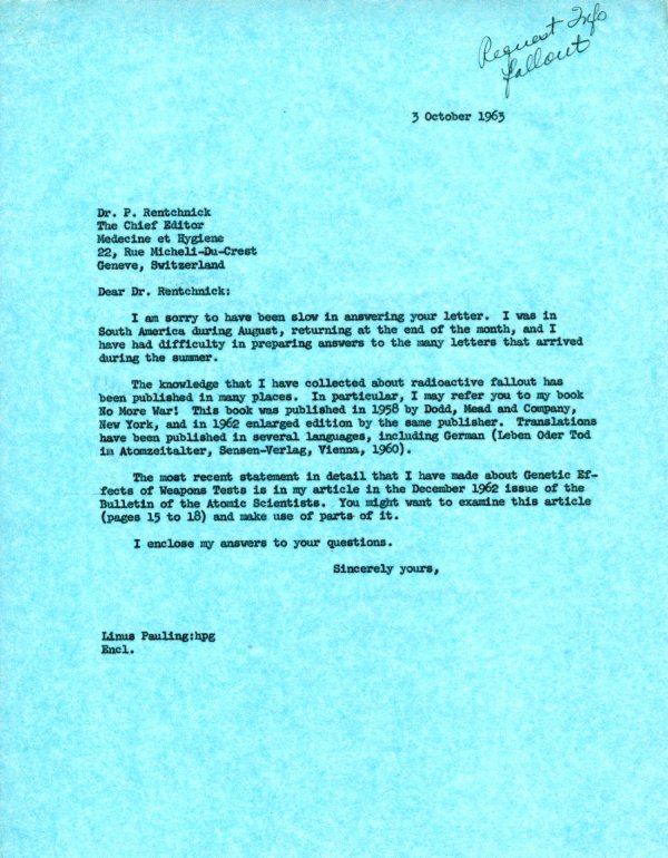 Letter from Linus Pauling to P. Rentchnick. Page 1. October 3, 1963