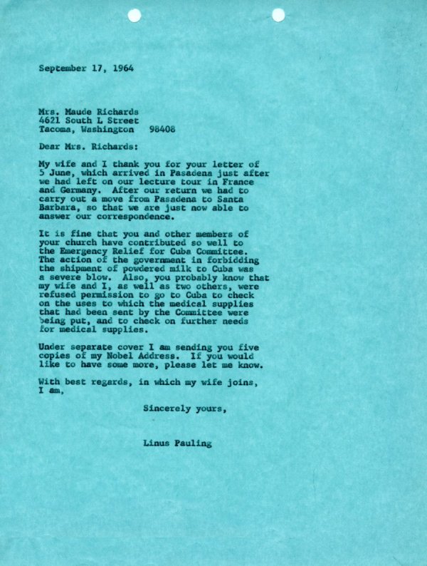 Letter from Linus Pauling to Maude Richards. Page 1. September 17, 1964