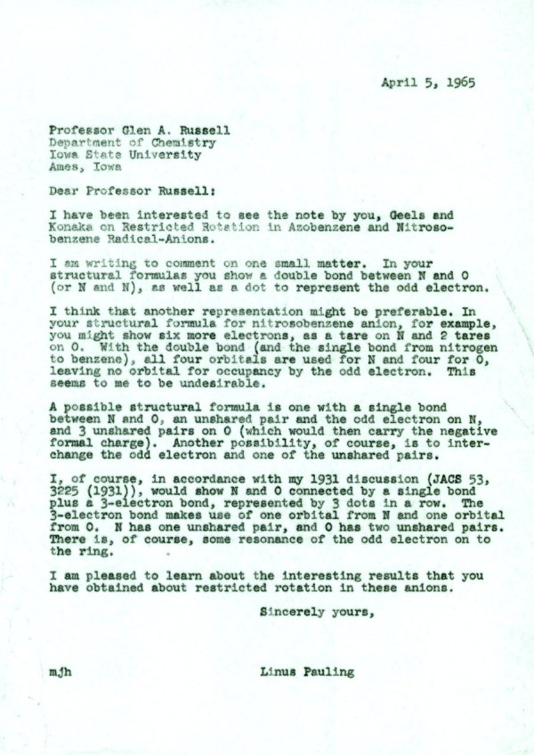 Letter from Linus Pauling to Glen A. Russell. Page 1. April 5, 1965