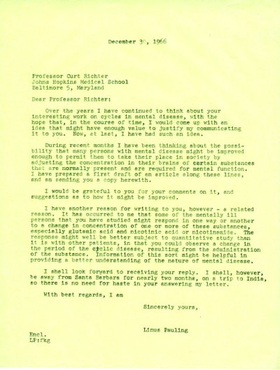 Letter from Linus Pauling to Paul Richter. Page 1. December 30, 1966