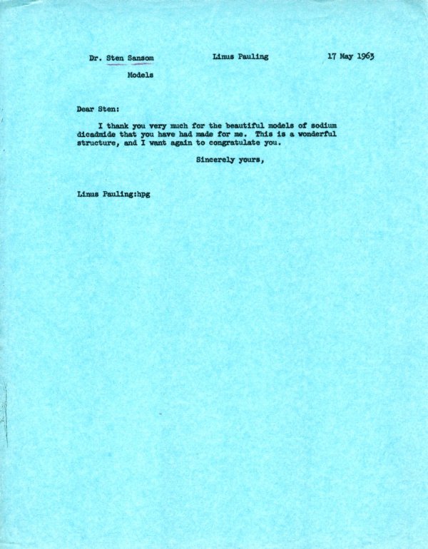 Memo from Linus Pauling to Sten Samson. Page 1. May 17, 1963