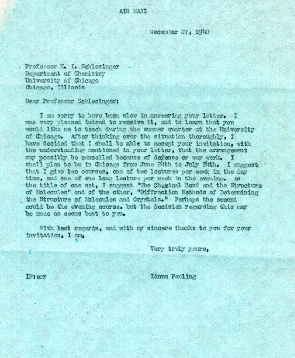 Letter from Linus Pauling to H.I. Schlesinger. Page 1. December 27, 1940