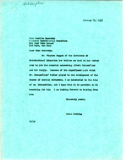 Letter from Linus Pauling to Cecilia Razovsky Page 1. January 21, 1939