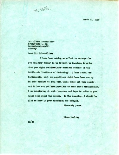 Letter from Linus Pauling to Albert Schoenflies Page 1. March 22, 1939