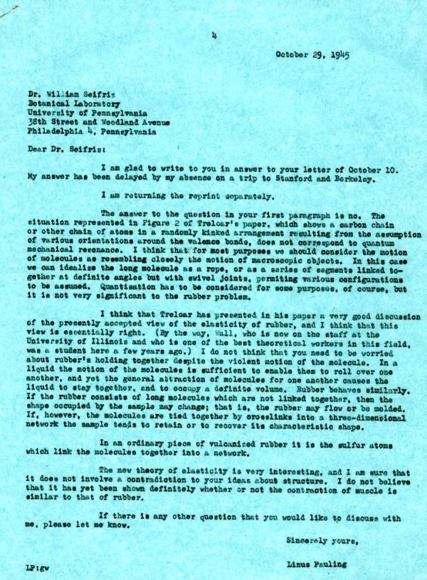 Letter from Linus Pauling to William Seifriz. Page 1. October 29, 1945