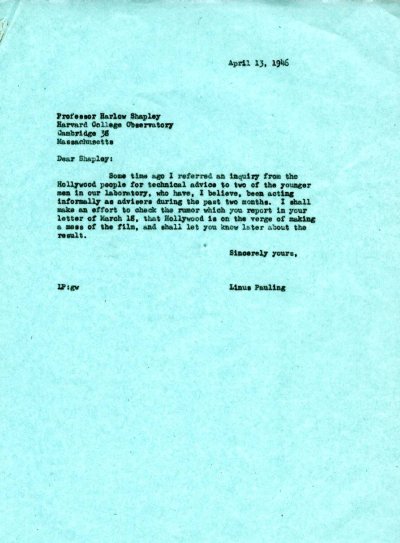 Letter from Linus Pauling to Harlow Shapley. Page 1. April 13, 1946