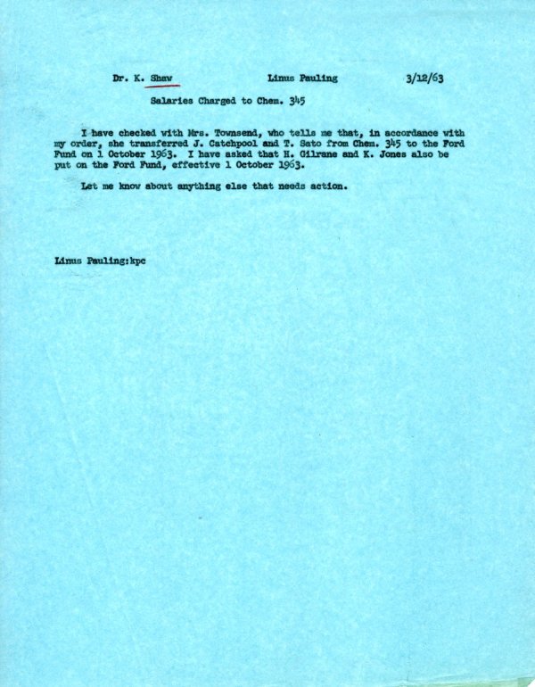 Memo from Linus Pauling to Kenneth Shaw. Page 1. March 12, 1963