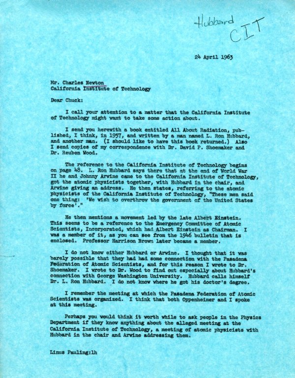 Letter from Linus Pauling to Charles Newton. Page 1. April 24, 1963