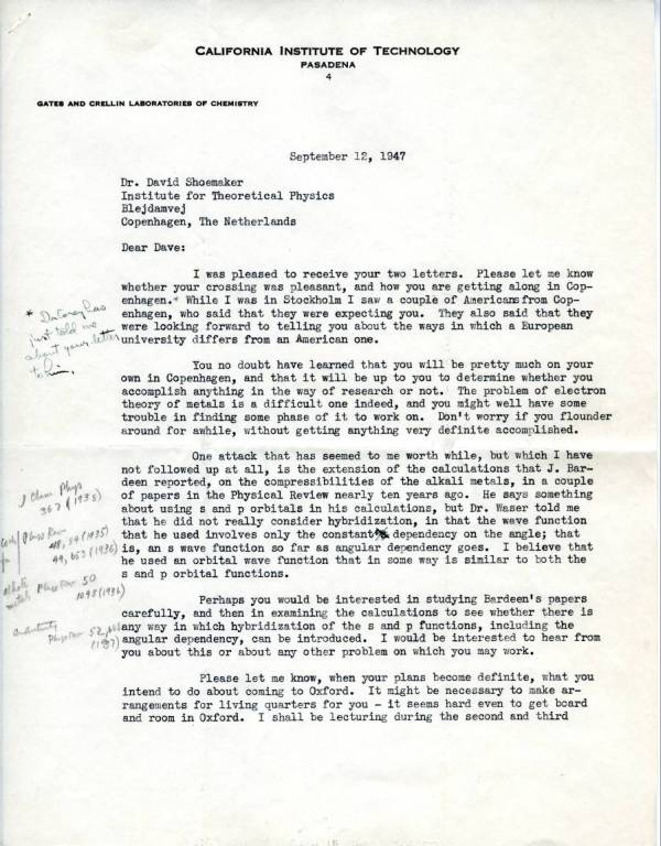 Letter from Linus Pauling to David Shoemaker. Page 1. September 12, 1947