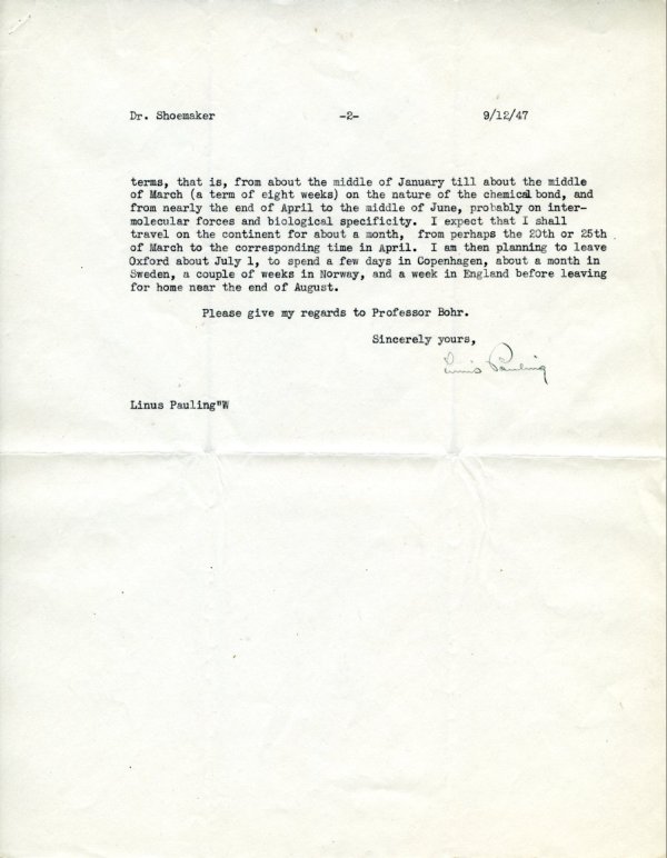 Letter from Linus Pauling to David Shoemaker. Page 2. September 12, 1947