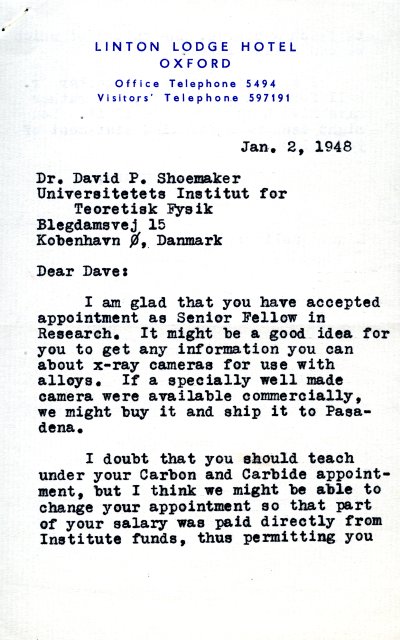 Letter from Linus Pauling to David Shoemaker. Page 1. January 2, 1948