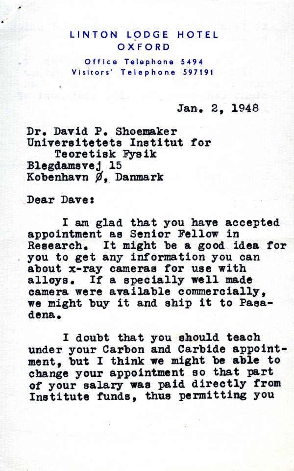 Letter from Linus Pauling to David Shoemaker. Page 1. January 2, 1948