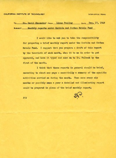 Letter from Linus Pauling to David Shoemaker. Page 1. December 17, 1948