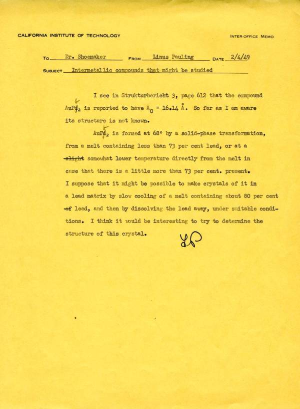 Letter from Linus Pauling to David Shoemaker. Page 1. February 4, 1949