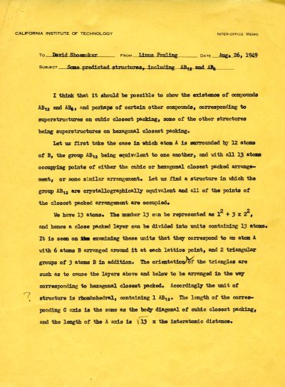 Letter from Linus Pauling to David Shoemaker. Page 1. August 26, 1949