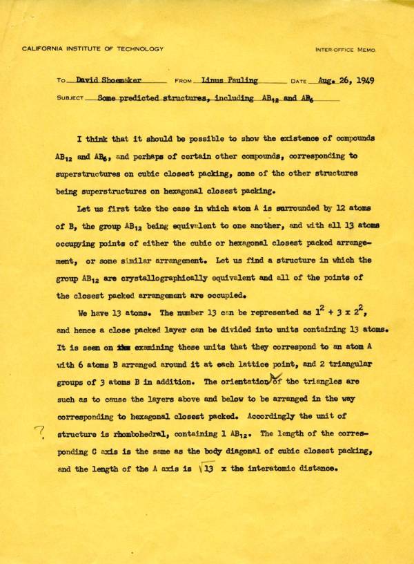 Letter from Linus Pauling to David Shoemaker. Page 1. August 26, 1949