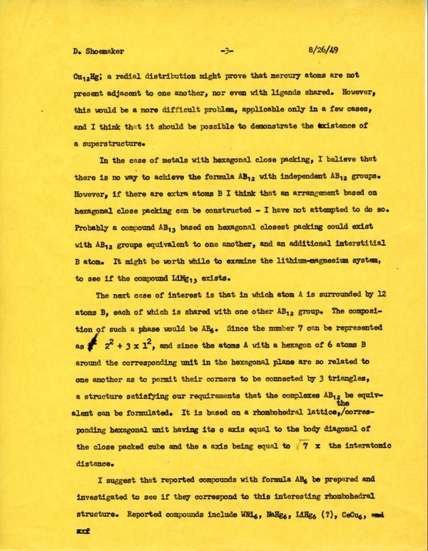 Letter from Linus Pauling to David Shoemaker. Page 3. August 26, 1949
