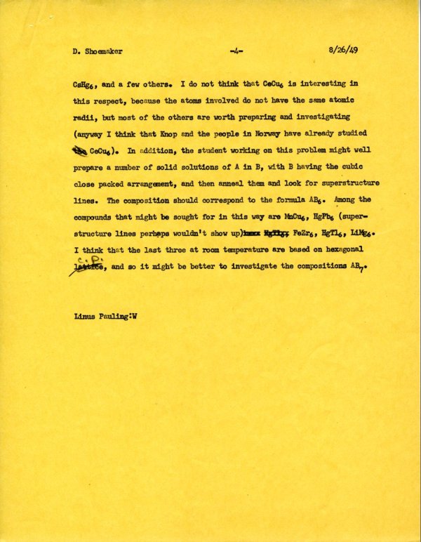 Letter from Linus Pauling to David Shoemaker. Page 4. August 26, 1949