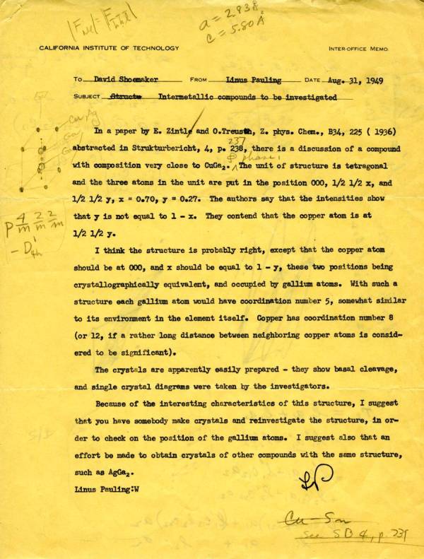 Letter from Linus Pauling to David Shoemaker. Page 1. August 31, 1949