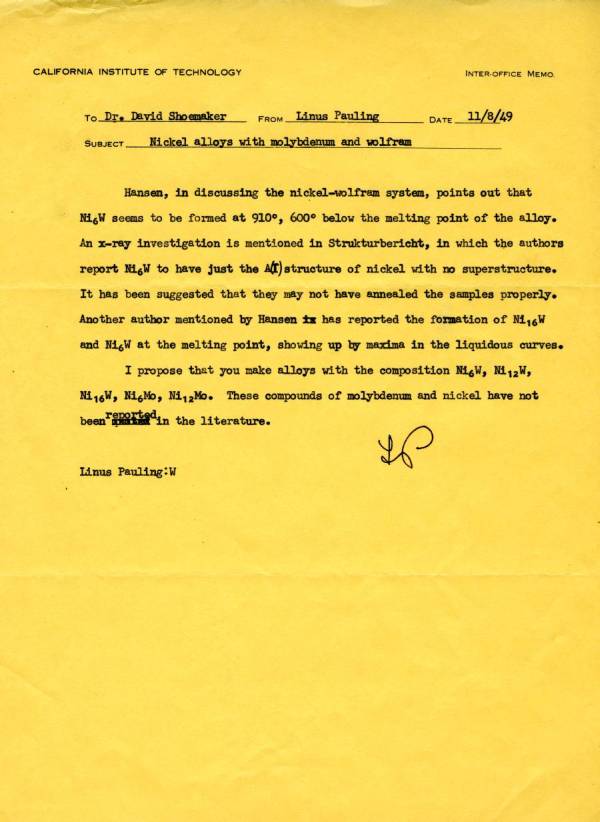 Letter from Linus Pauling to David Shoemaker. Page 1. November 8, 1949