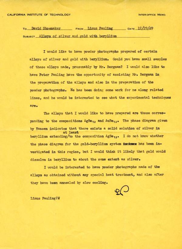 Letter from Linus Pauling to David Shoemaker. Page 1. December 29, 1949